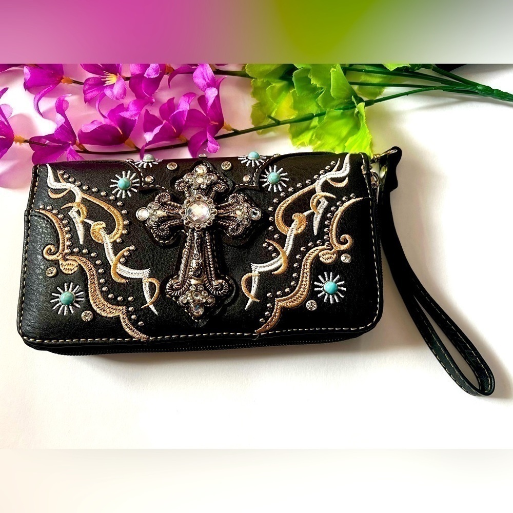 Black Embellished Cross Wristlet Wallet - Decorative Western Style